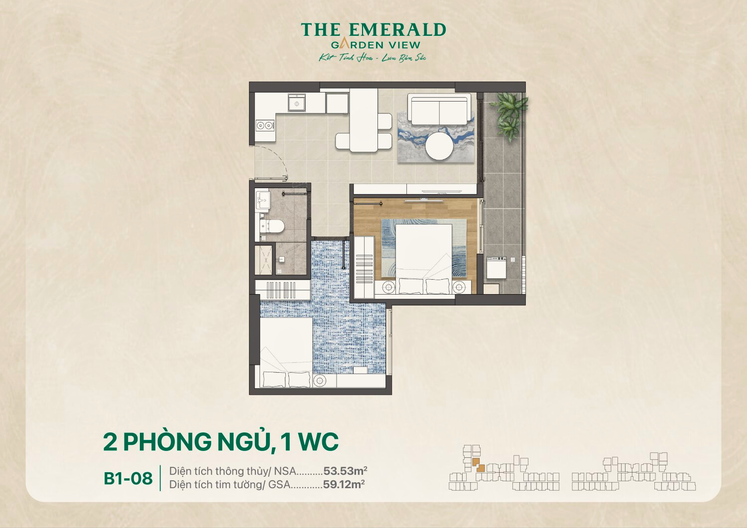 Căn B1-08 The Emerald Garden View 2pn, 1wc