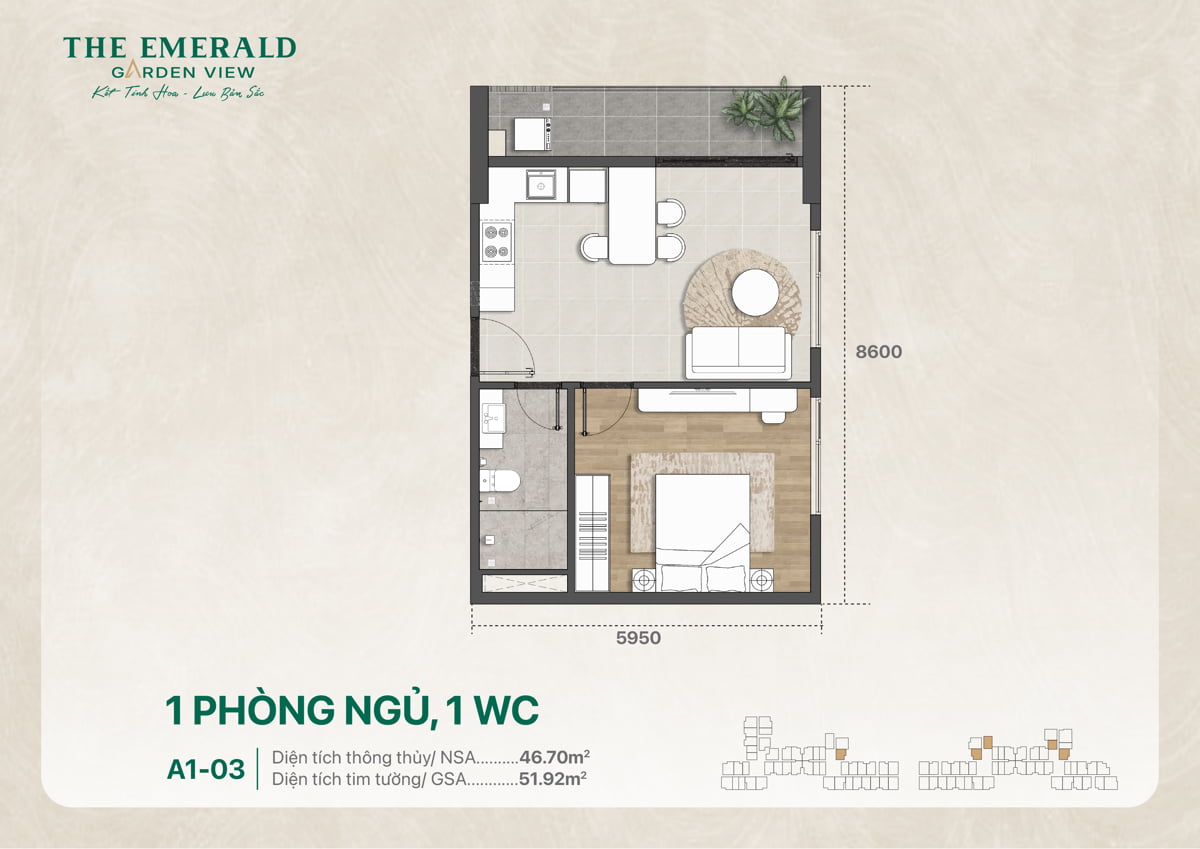 Thiết Kế Căn Hộ 1 Pn 1 Wc The Emerald Garden View A1 03