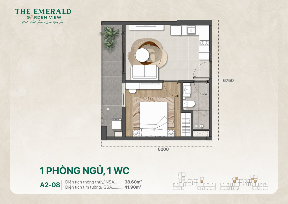 Thiết Kế Căn Hộ 1 Pn 1 Wc The Emerald Garden View A2 08