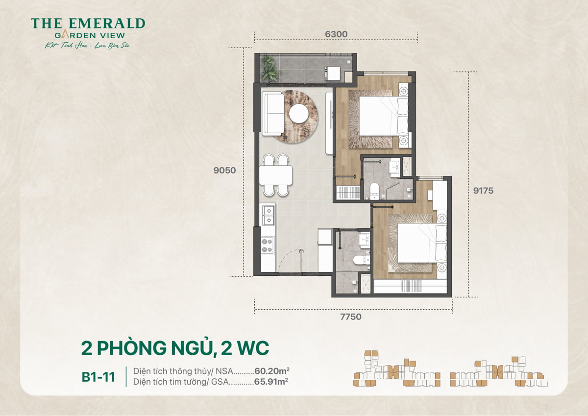 Thiết Kế Căn Hộ 2 Pn 2 Wc The Emerald Garden View B1 11