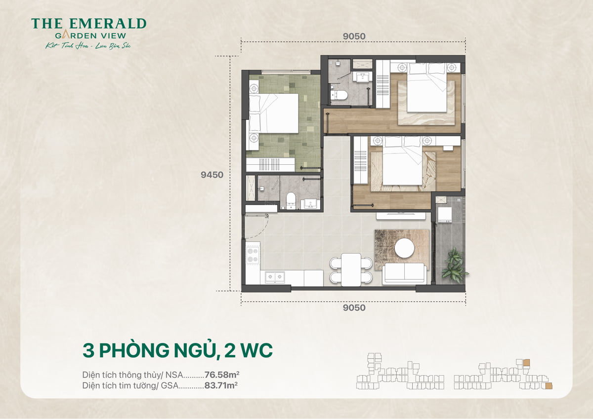 Thiết Kế Căn Hộ 3 Pn 1 Wc The Emerald Garden View