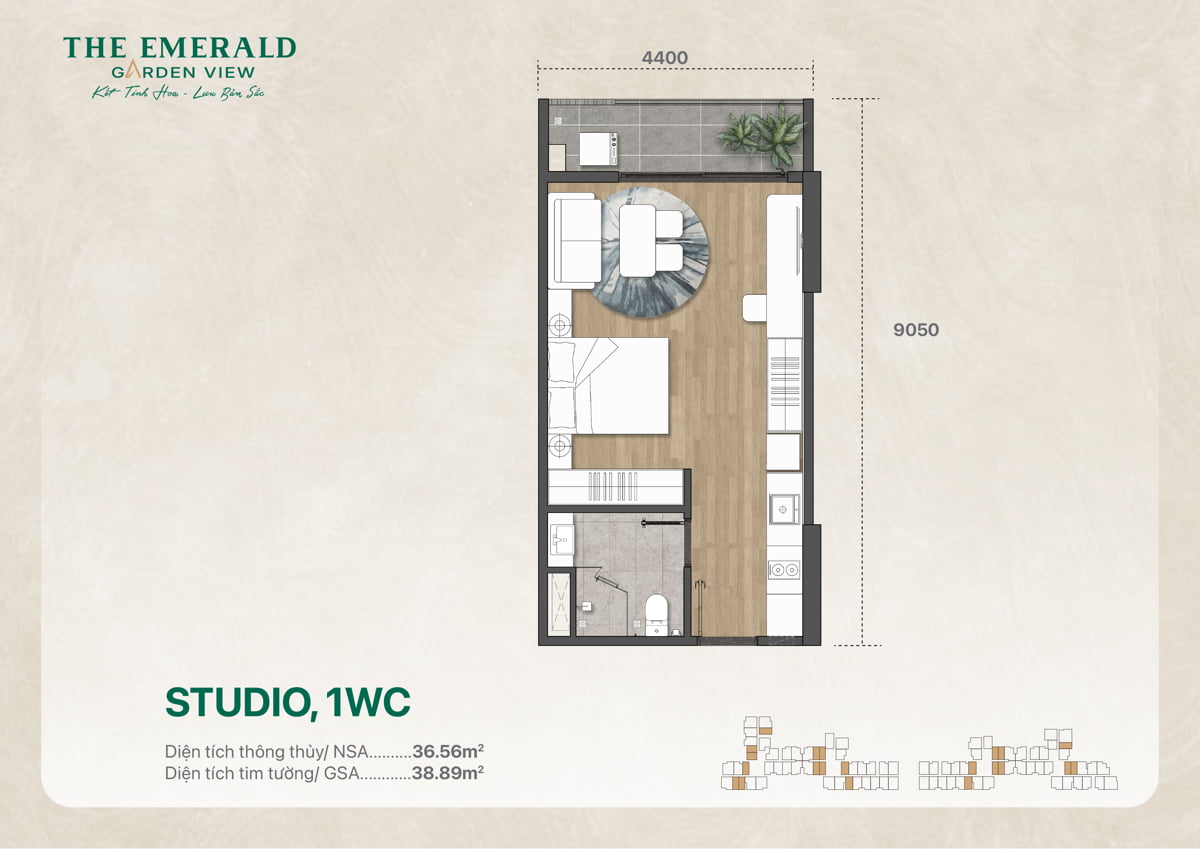 Thiết Kế Căn Studio 1 Wc The Emerald Garden View